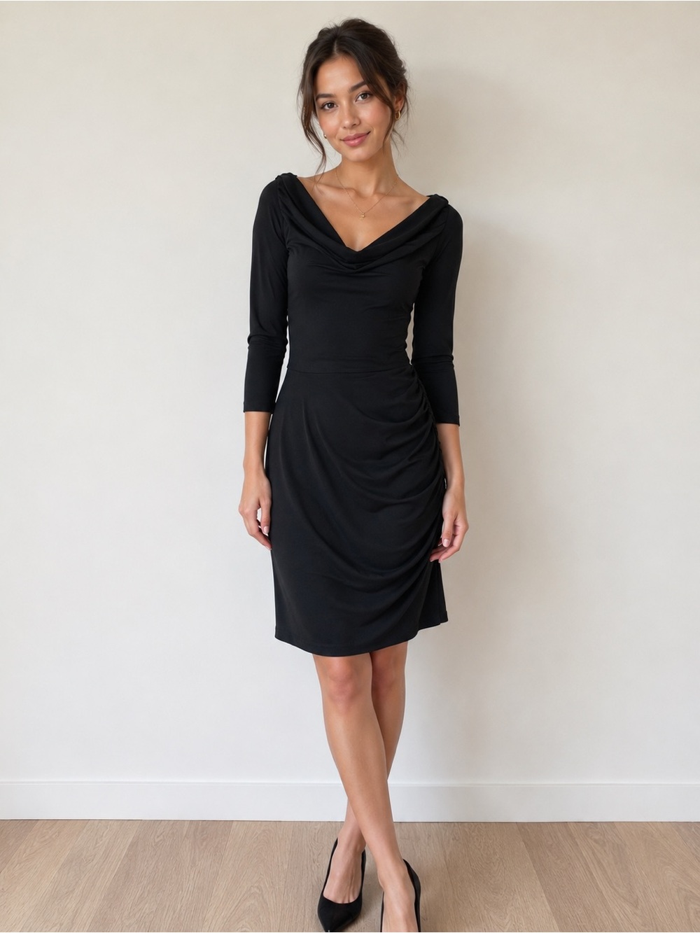 Tiana b Black Draped Neck Sheath Dress small side gathers cocktail norm core